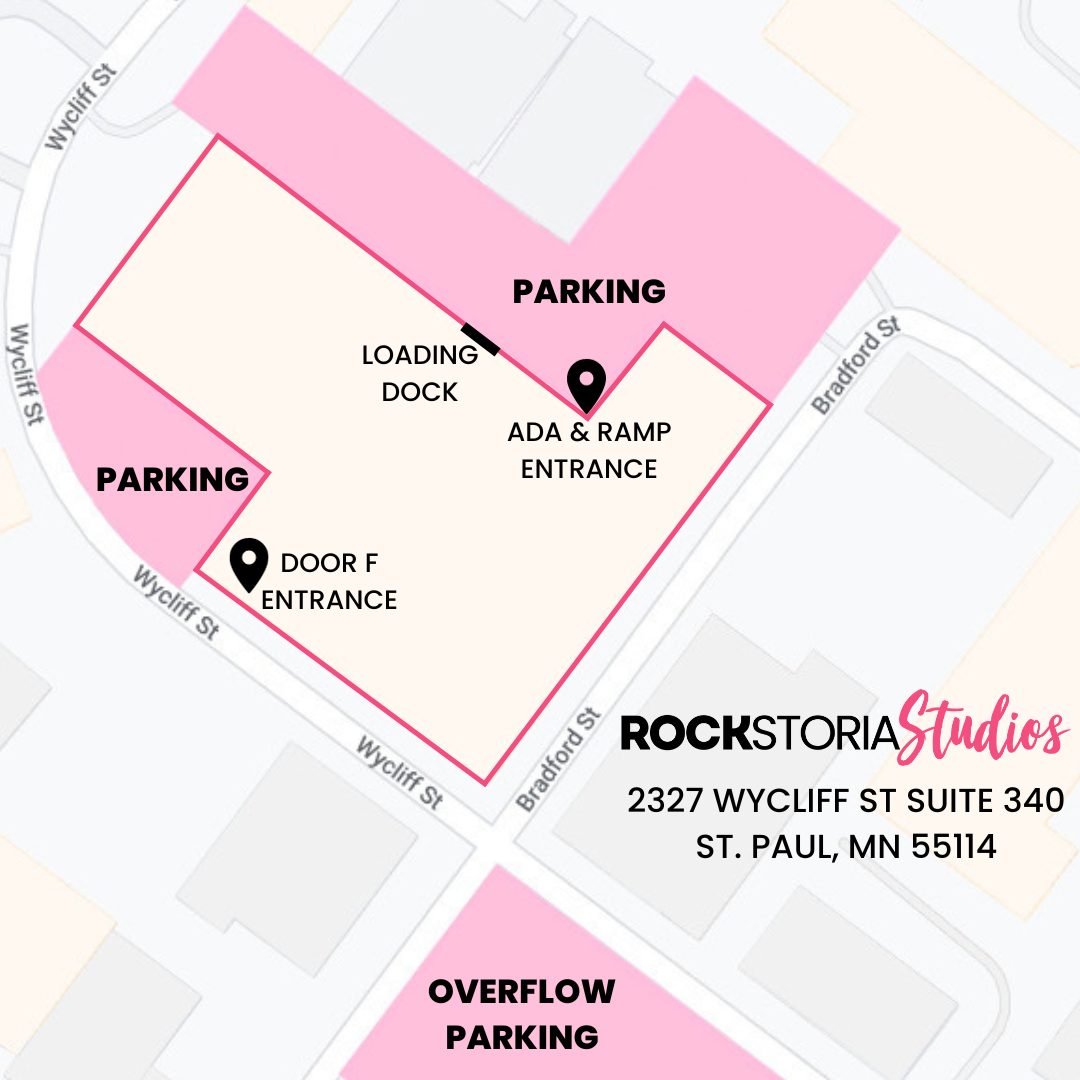 Rockstoria Studios parking map indicating free parking in pink shaded areas.MN
