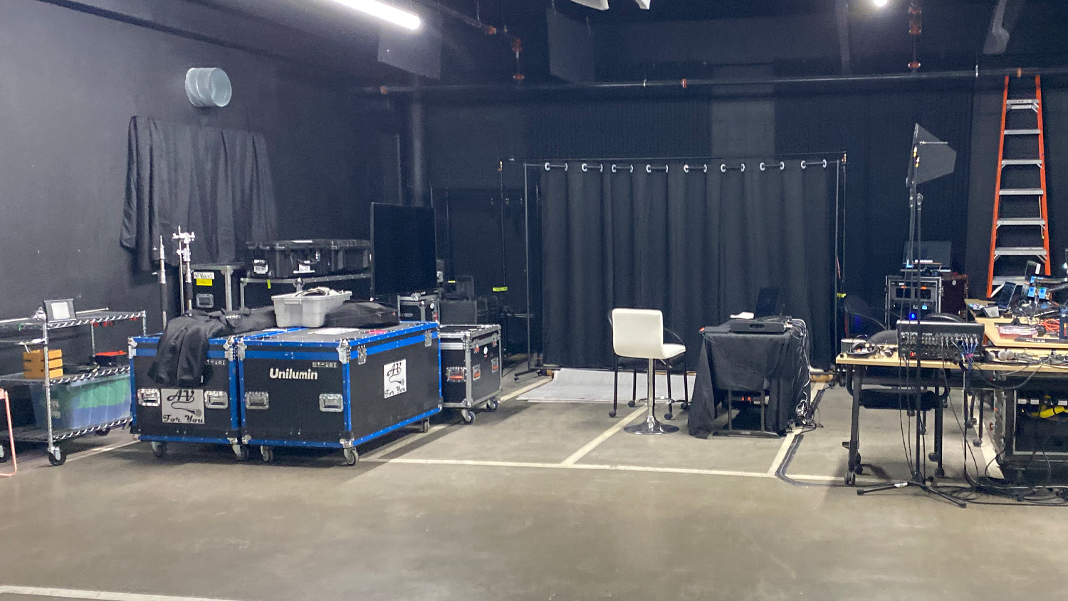 Crew gear stored for expanded production at Rockstoria Studios Flexible Studio Rental Production St. Paul MN Twin Cities.