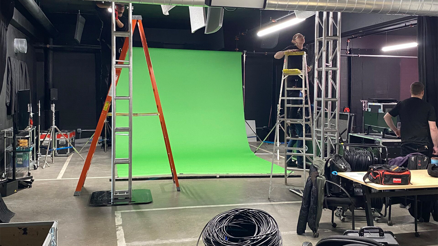 Green screen show getting setup for a production during studio rental at Rockstoria Studios in St. Paul MN